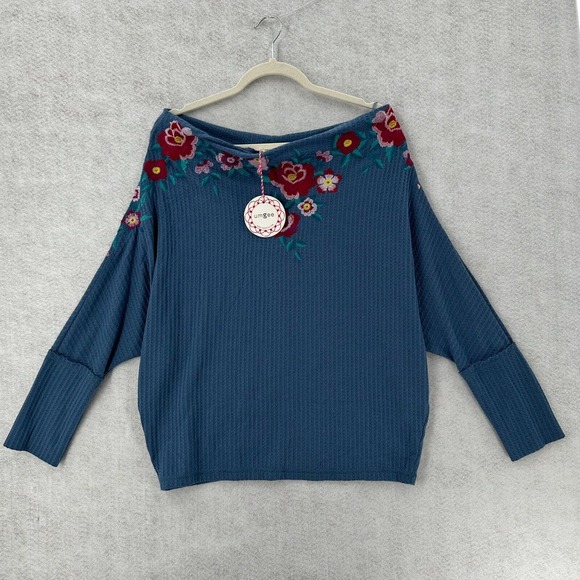 Umgee Amelia Top Women LARGE Waffle Knit Off Shoulder Blue Dolman Slouchy Blouse - Picture 1 of 15